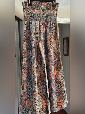 Smocked Boho Wide Leg Pants in Multicolor Paisley Medium NWOT
